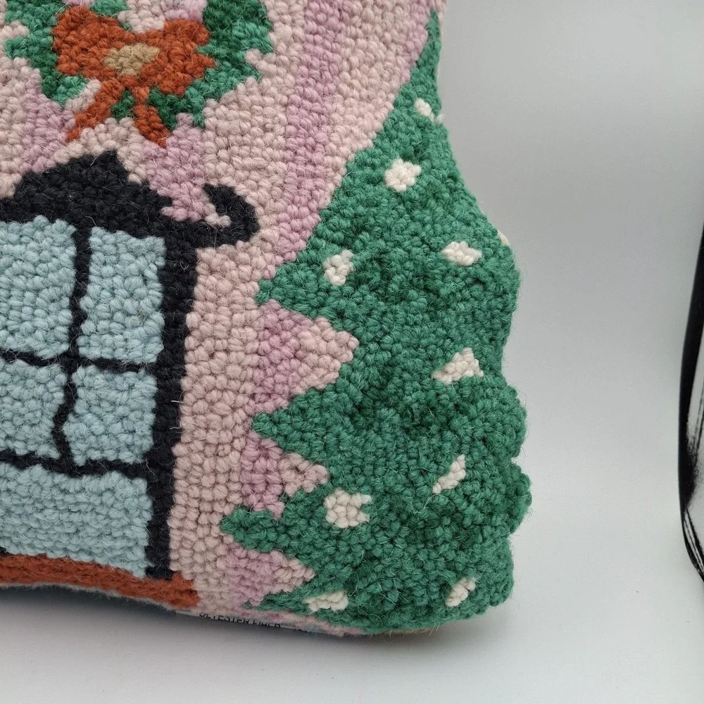 Peking Handicraft Holly Stripe Shaped House Hooked Pillow 16x18 Wool Christmas